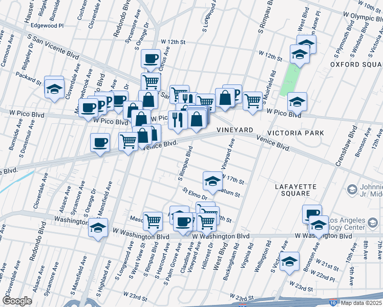 map of restaurants, bars, coffee shops, grocery stores, and more near 1650 South Rimpau Boulevard in Los Angeles
