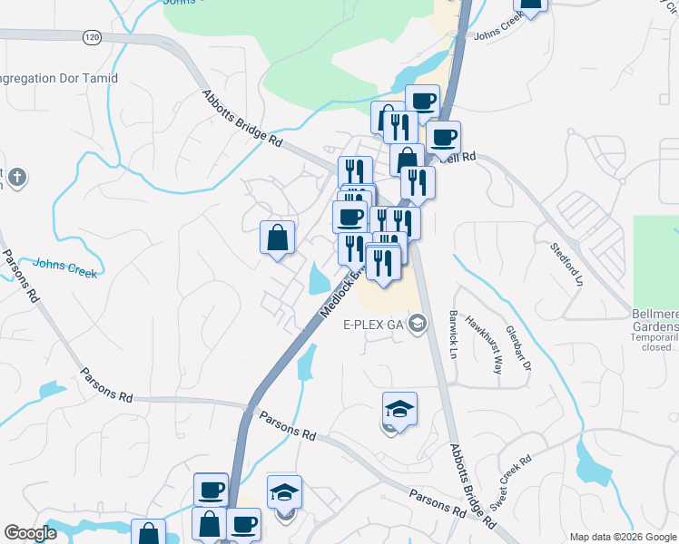 map of restaurants, bars, coffee shops, grocery stores, and more near 10825 Yorkwood Street in Johns Creek