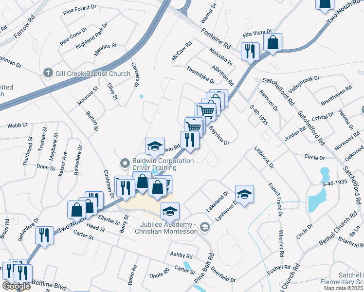 map of restaurants, bars, coffee shops, grocery stores, and more near 5103 Two Notch Road in Columbia