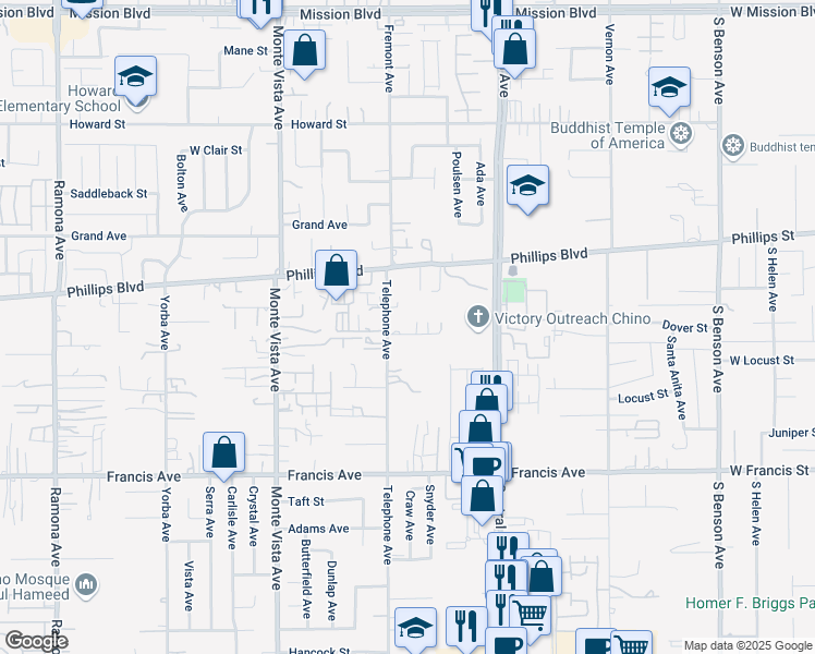 map of restaurants, bars, coffee shops, grocery stores, and more near 5144 Orange Blossom Lane in Chino