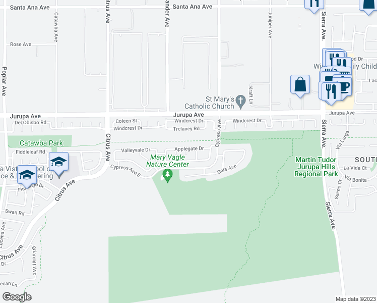 map of restaurants, bars, coffee shops, grocery stores, and more near 16405 Applegate Drive in Fontana