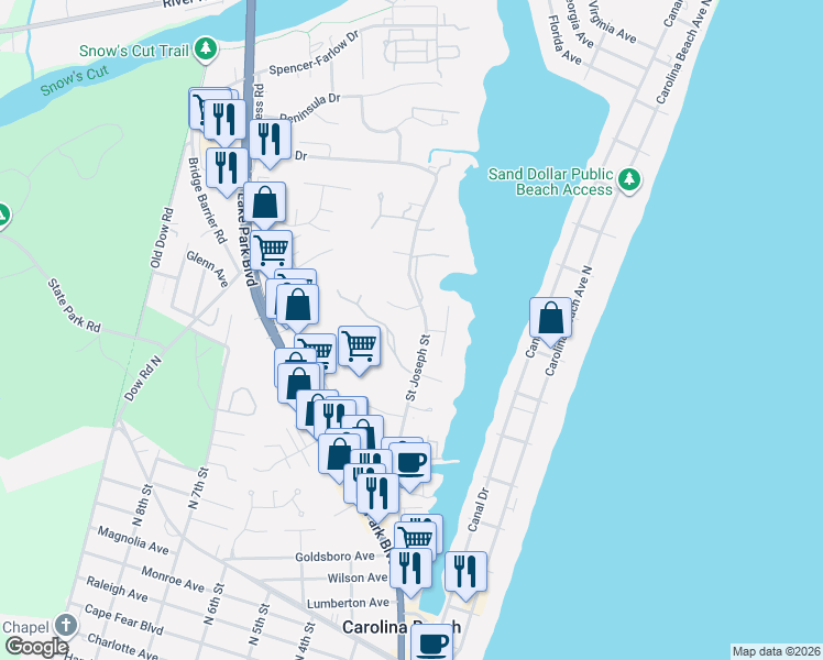 map of restaurants, bars, coffee shops, grocery stores, and more near 1105 Saint Joseph Street in Carolina Beach