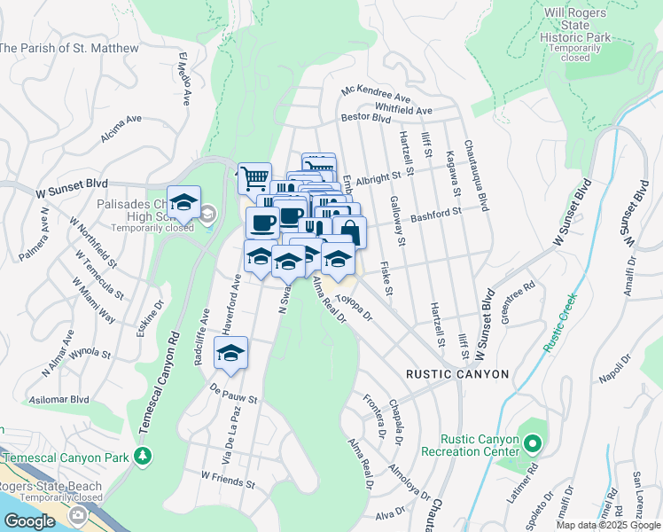 map of restaurants, bars, coffee shops, grocery stores, and more near 15130 Sunset Boulevard in Los Angeles