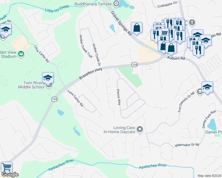 map of restaurants, bars, coffee shops, grocery stores, and more near 2427 Bulrush Court Northeast in Buford