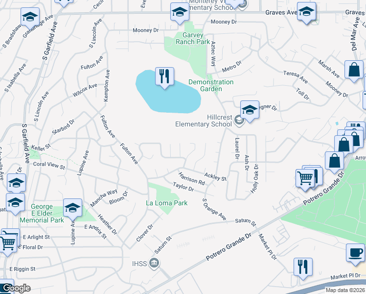 map of restaurants, bars, coffee shops, grocery stores, and more near 1748 Adams Way in Monterey Park