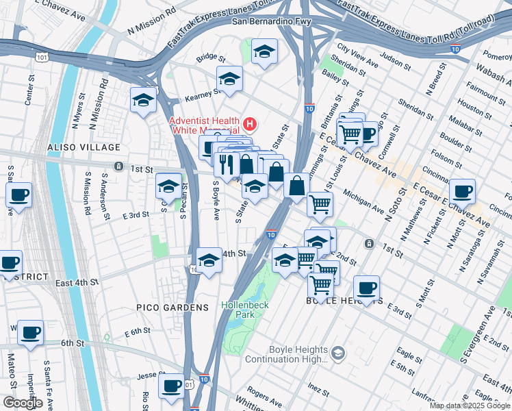 map of restaurants, bars, coffee shops, grocery stores, and more near 207 South State Street in Los Angeles