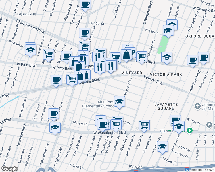 map of restaurants, bars, coffee shops, grocery stores, and more near 1650 South Rimpau Boulevard in Los Angeles