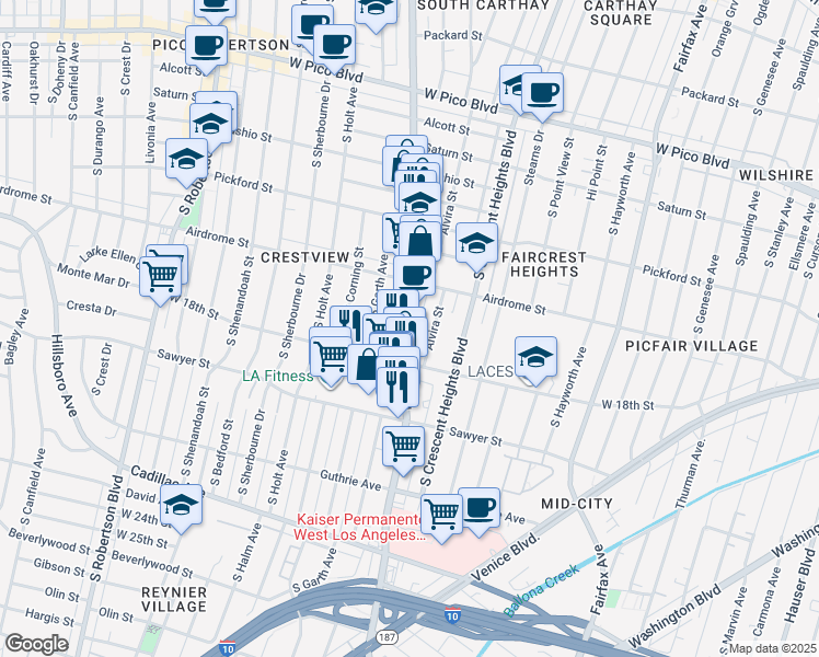 map of restaurants, bars, coffee shops, grocery stores, and more near 1765 South La Cienega Boulevard in Los Angeles