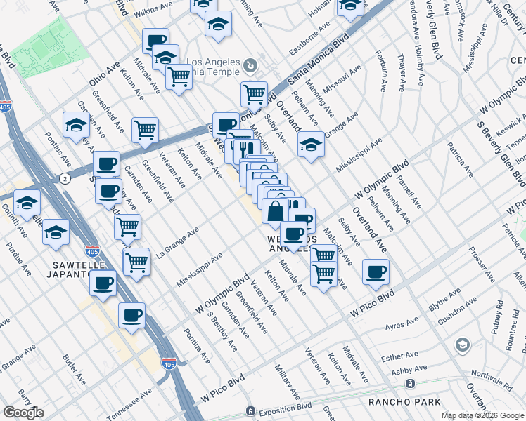 map of restaurants, bars, coffee shops, grocery stores, and more near 2034 Midvale Avenue in Los Angeles
