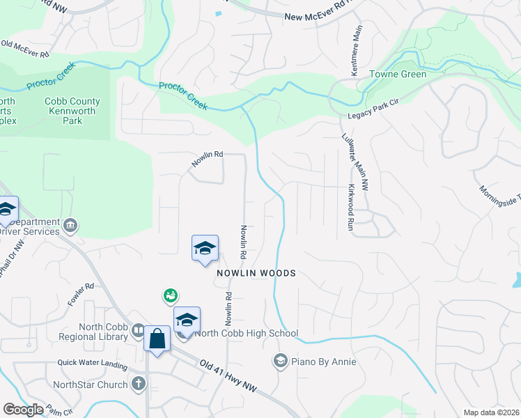 map of restaurants, bars, coffee shops, grocery stores, and more near 3104 Redwood Lane in Kennesaw