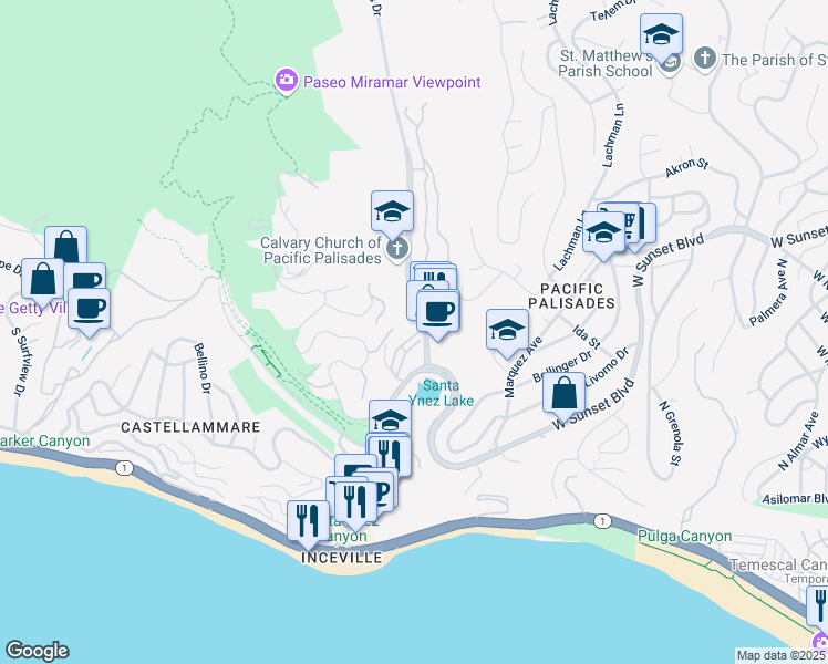 map of restaurants, bars, coffee shops, grocery stores, and more near 465 Palisades Drive in Los Angeles