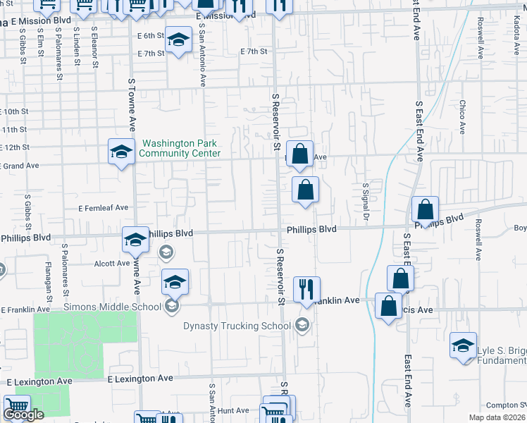 map of restaurants, bars, coffee shops, grocery stores, and more near 1451 South Reservoir Street in Pomona