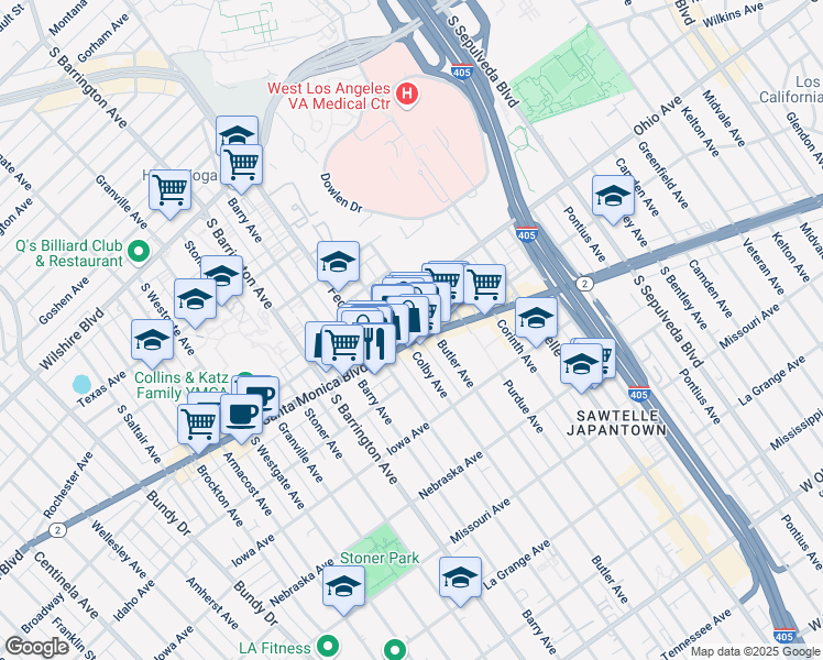map of restaurants, bars, coffee shops, grocery stores, and more near 1519 Colby Avenue in Los Angeles