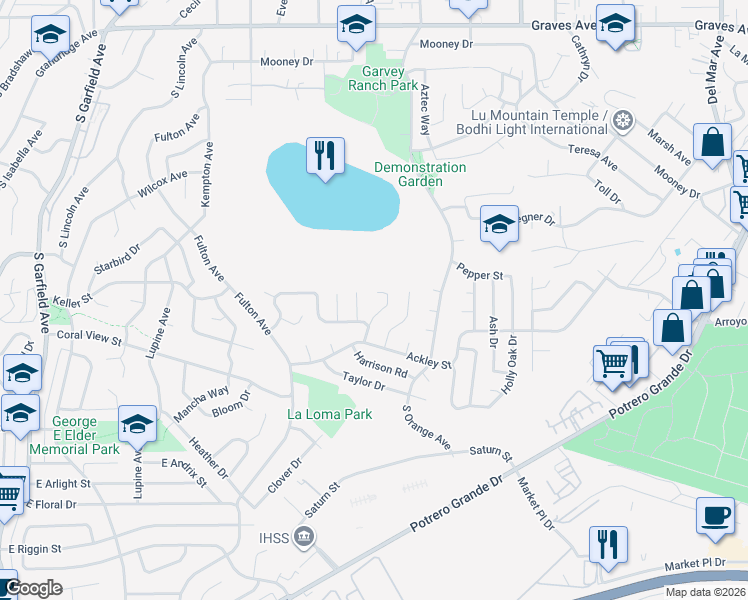 map of restaurants, bars, coffee shops, grocery stores, and more near 1711 Fillmore Drive in Monterey Park