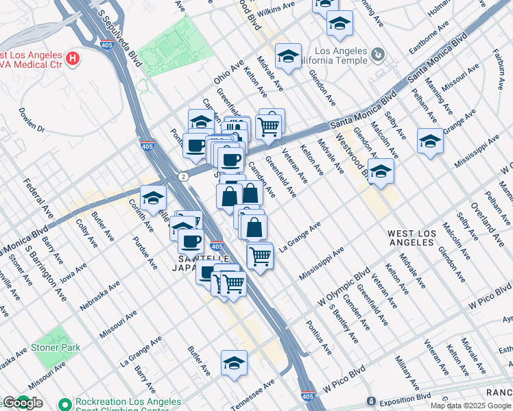 map of restaurants, bars, coffee shops, grocery stores, and more near 1839 South Bentley Avenue in Los Angeles