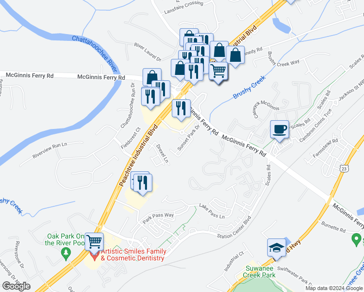 map of restaurants, bars, coffee shops, grocery stores, and more near 731 Sunset Park Drive in Suwanee