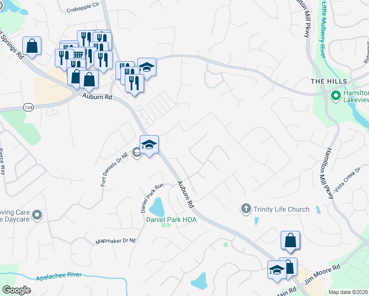 map of restaurants, bars, coffee shops, grocery stores, and more near 1712 Dacula Oaks Trail Northeast in Dacula