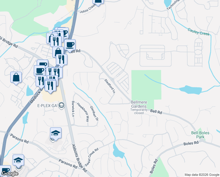 map of restaurants, bars, coffee shops, grocery stores, and more near 355 Stedford Lane in Duluth