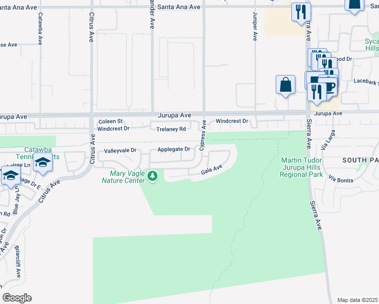 map of restaurants, bars, coffee shops, grocery stores, and more near 16471 Applegate Drive in Fontana