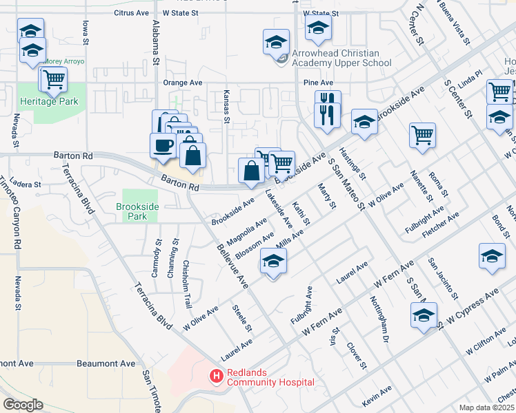 map of restaurants, bars, coffee shops, grocery stores, and more near 1319 Brookside Avenue in Redlands