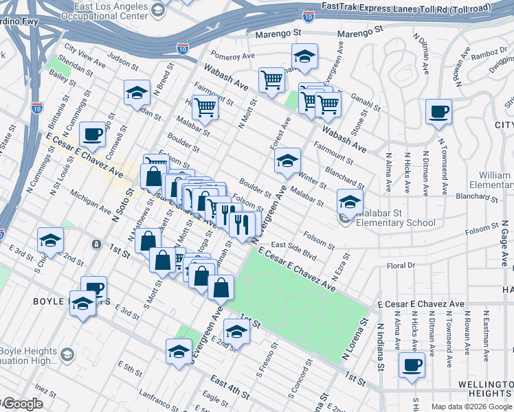 map of restaurants, bars, coffee shops, grocery stores, and more near 2825 Folsom Street in Los Angeles