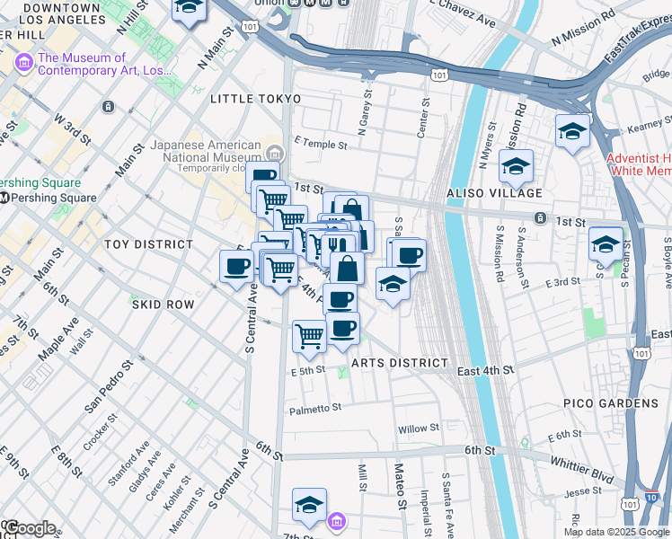 map of restaurants, bars, coffee shops, grocery stores, and more near in Los Angeles
