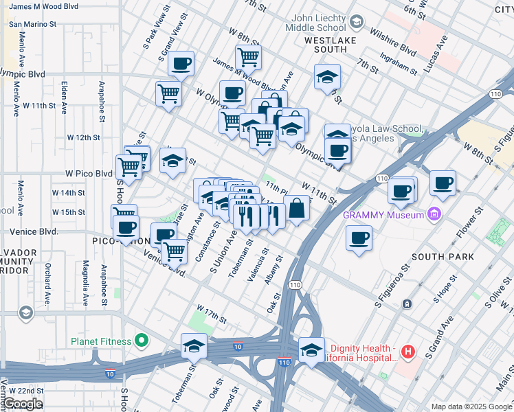 map of restaurants, bars, coffee shops, grocery stores, and more near 1522 West 12th Street in Los Angeles