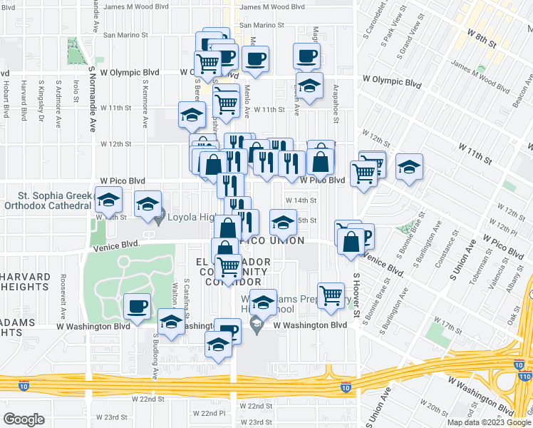 map of restaurants, bars, coffee shops, grocery stores, and more near 1414 Menlo Avenue in Los Angeles