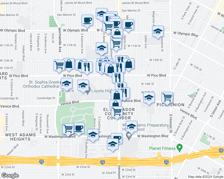 map of restaurants, bars, coffee shops, grocery stores, and more near 1424 South Berendo Street in Los Angeles