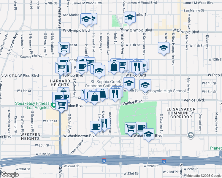 map of restaurants, bars, coffee shops, grocery stores, and more near 2755 West 15th Street in Los Angeles