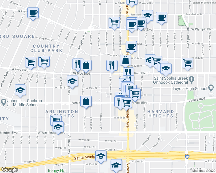 map of restaurants, bars, coffee shops, grocery stores, and more near 1414 South Gramercy Place in Los Angeles