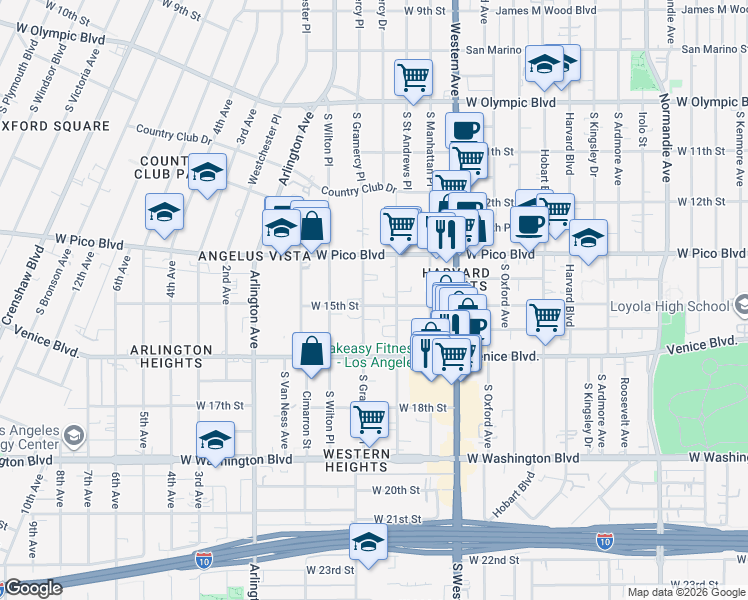 map of restaurants, bars, coffee shops, grocery stores, and more near 1414 South Gramercy Place in Los Angeles