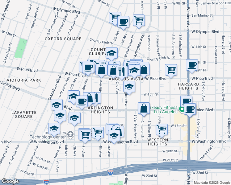map of restaurants, bars, coffee shops, grocery stores, and more near 1513 2nd Avenue in Los Angeles