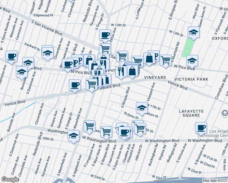 map of restaurants, bars, coffee shops, grocery stores, and more near 4843 West 17th Street in Los Angeles