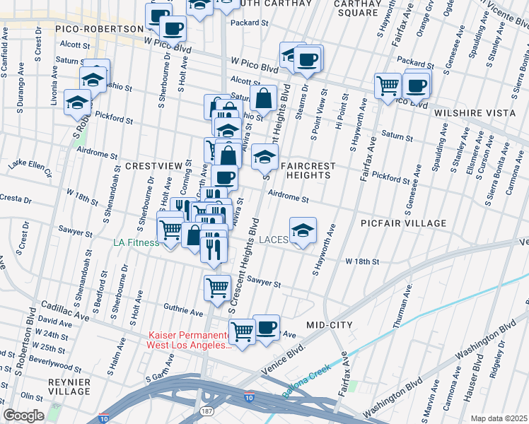 map of restaurants, bars, coffee shops, grocery stores, and more near 1742 South Crescent Heights Boulevard in Los Angeles