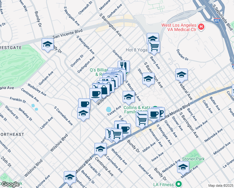 map of restaurants, bars, coffee shops, grocery stores, and more near 1226 Brockton Avenue in Los Angeles