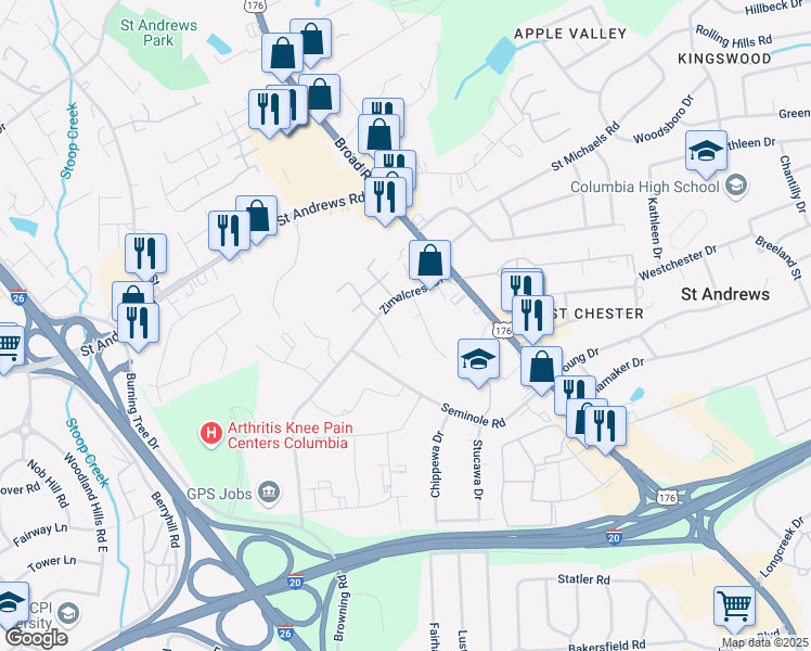 map of restaurants, bars, coffee shops, grocery stores, and more near 2827 Friendly Lane in Columbia