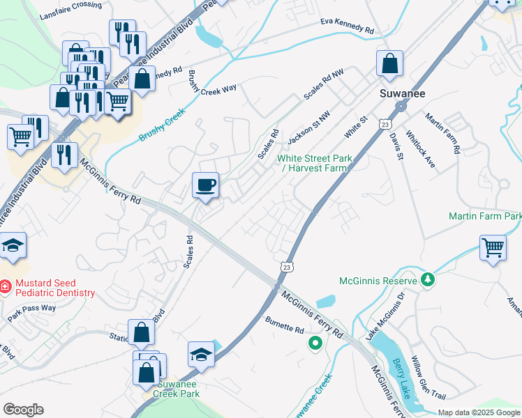 map of restaurants, bars, coffee shops, grocery stores, and more near 3862 Firewood Lane in Suwanee