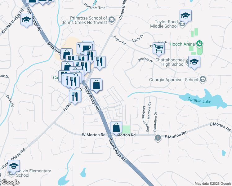 map of restaurants, bars, coffee shops, grocery stores, and more near 10867 Bossier Drive in Johns Creek