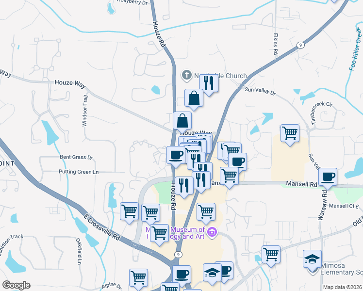 map of restaurants, bars, coffee shops, grocery stores, and more near 840 Fair View Circle in Roswell