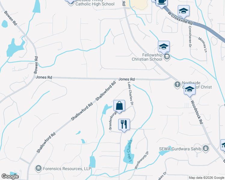 map of restaurants, bars, coffee shops, grocery stores, and more near 10895 Shallowford Road in Roswell