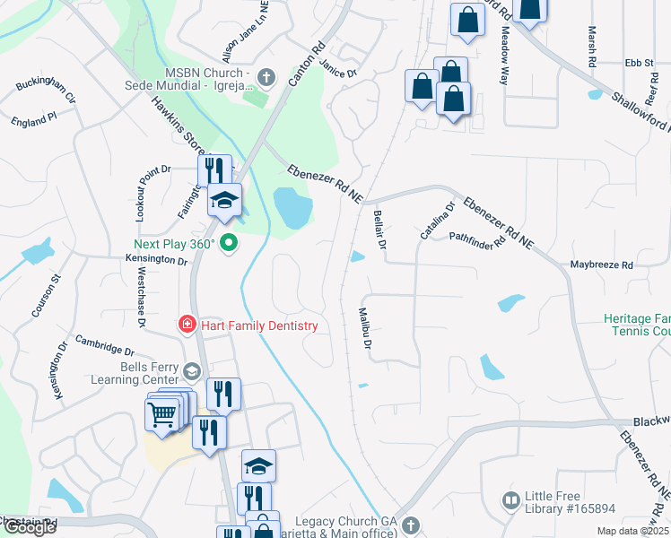 map of restaurants, bars, coffee shops, grocery stores, and more near 3898 Hadley Farm Drive in Marietta
