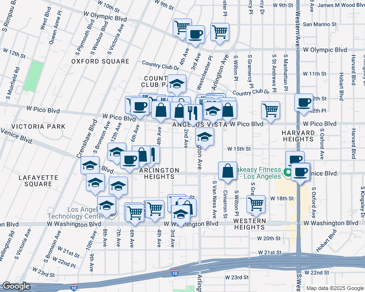 map of restaurants, bars, coffee shops, grocery stores, and more near 1513 2nd Avenue in Los Angeles