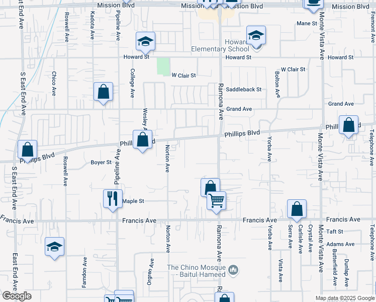 map of restaurants, bars, coffee shops, grocery stores, and more near 11425 San Felipe Avenue in Chino