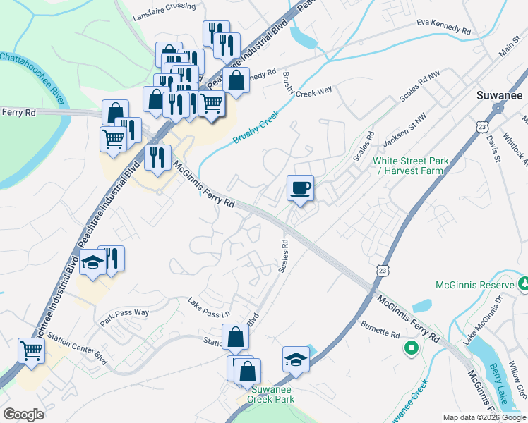 map of restaurants, bars, coffee shops, grocery stores, and more near 4021 McGinnis Ferry Road in Suwanee