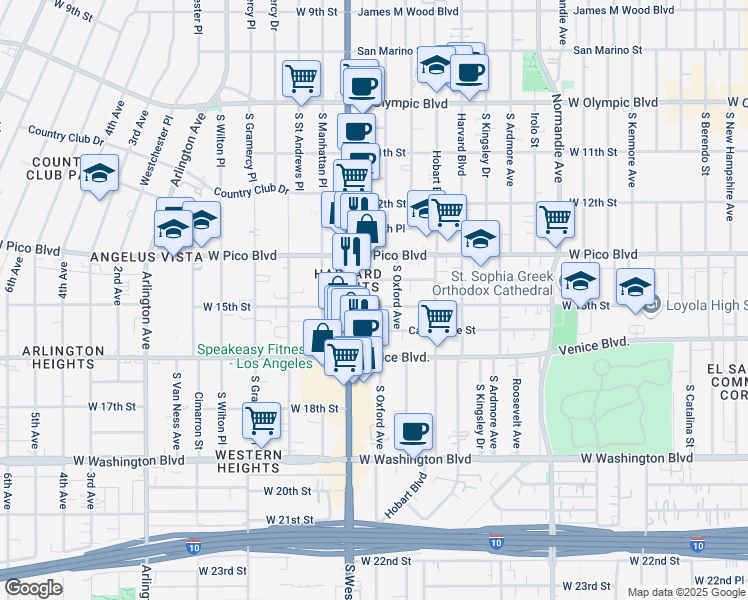 map of restaurants, bars, coffee shops, grocery stores, and more near 2957 West 15th Street in Los Angeles