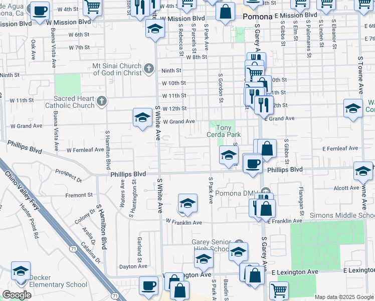 map of restaurants, bars, coffee shops, grocery stores, and more near 1410 South Rebecca Street in Pomona