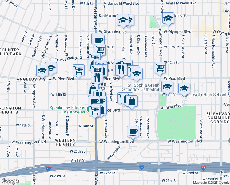 map of restaurants, bars, coffee shops, grocery stores, and more near 2907 West 15th Street in Los Angeles