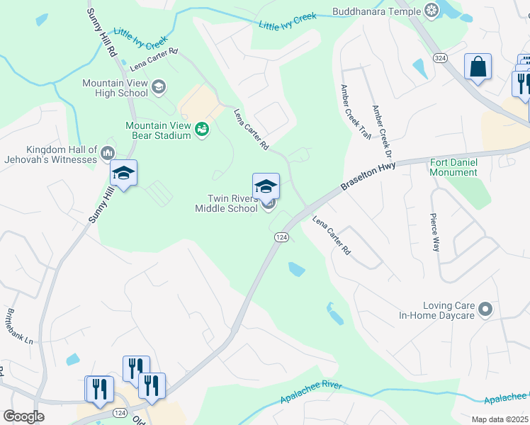 map of restaurants, bars, coffee shops, grocery stores, and more near 2300 Braselton Highway in Buford