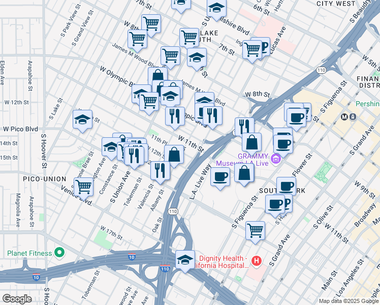 map of restaurants, bars, coffee shops, grocery stores, and more near 1331 West 11th Place in Los Angeles